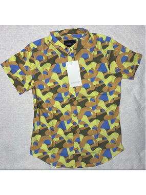 NWT Wildfang Green/Blue/Camel Colored Abstract The Essential Button Up Top SZ S